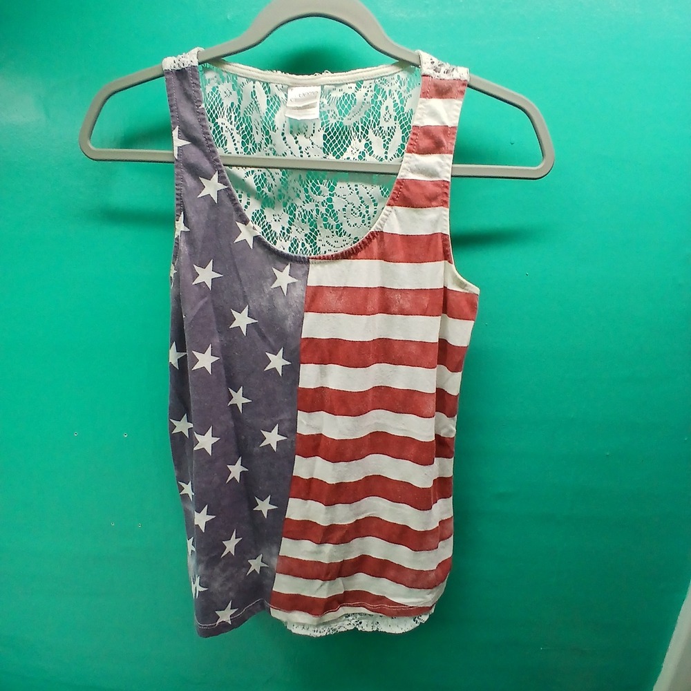 Freeze American Flag Lace Back Tank Top Large Red White Blue Patriotic Americana